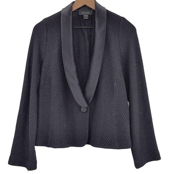 St. John Knit Jacket Black Metallic Boucle Satin Tuxedo Collar | Tag 16 Modern M - Picture 1 of 14